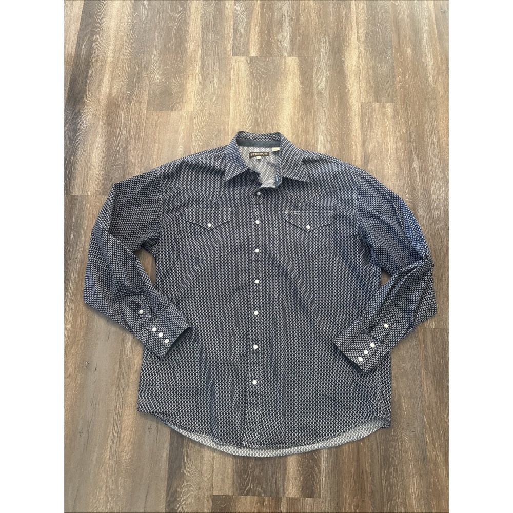 Stetson Diamond Geo Western Shirt Men's XL Blue Pearl Snap Cowboy Rodeo